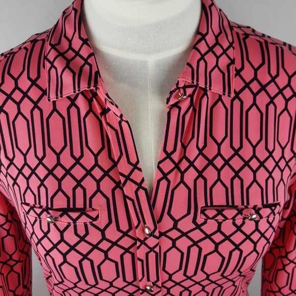 Hot Pink & Black Stretch button Up Blouse - Picture 2 of 4